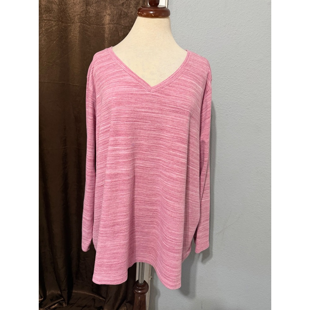 Cotton Blend Women 4X Top Pink Space Dye Marl V-Neck Long Sleeve Top Relaxed Fit